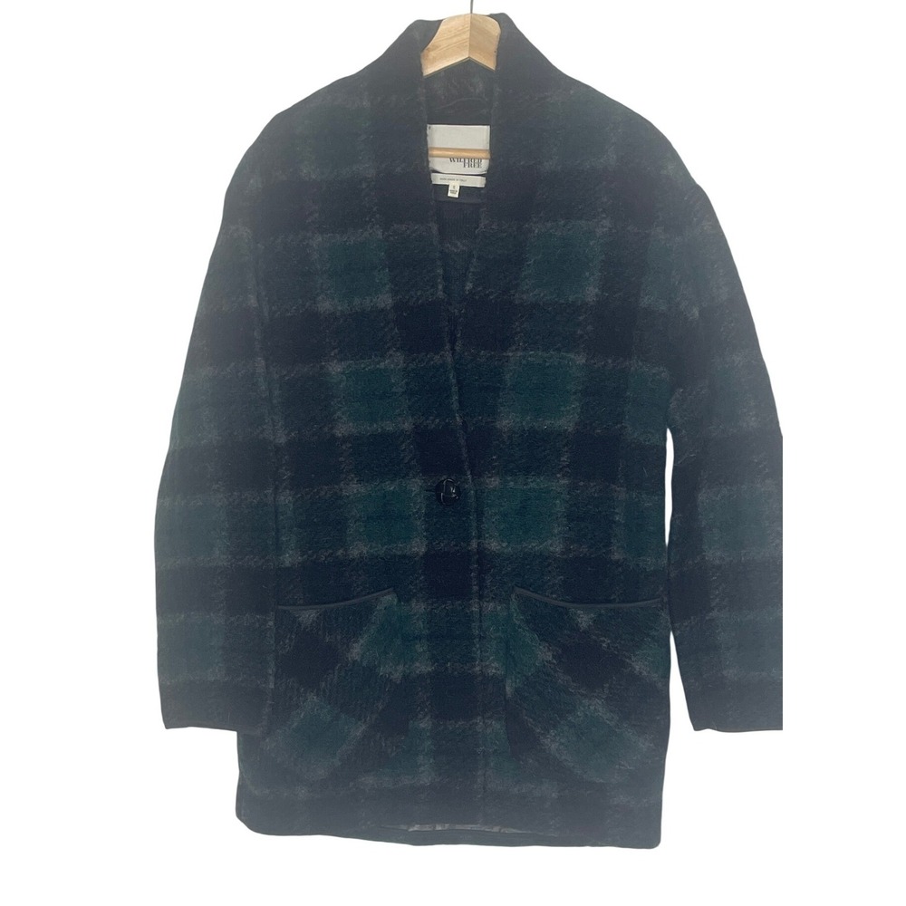 Wilfred Free Aritzia Plaid Shawl Collar Coat Navy Green Italian Yarn Small